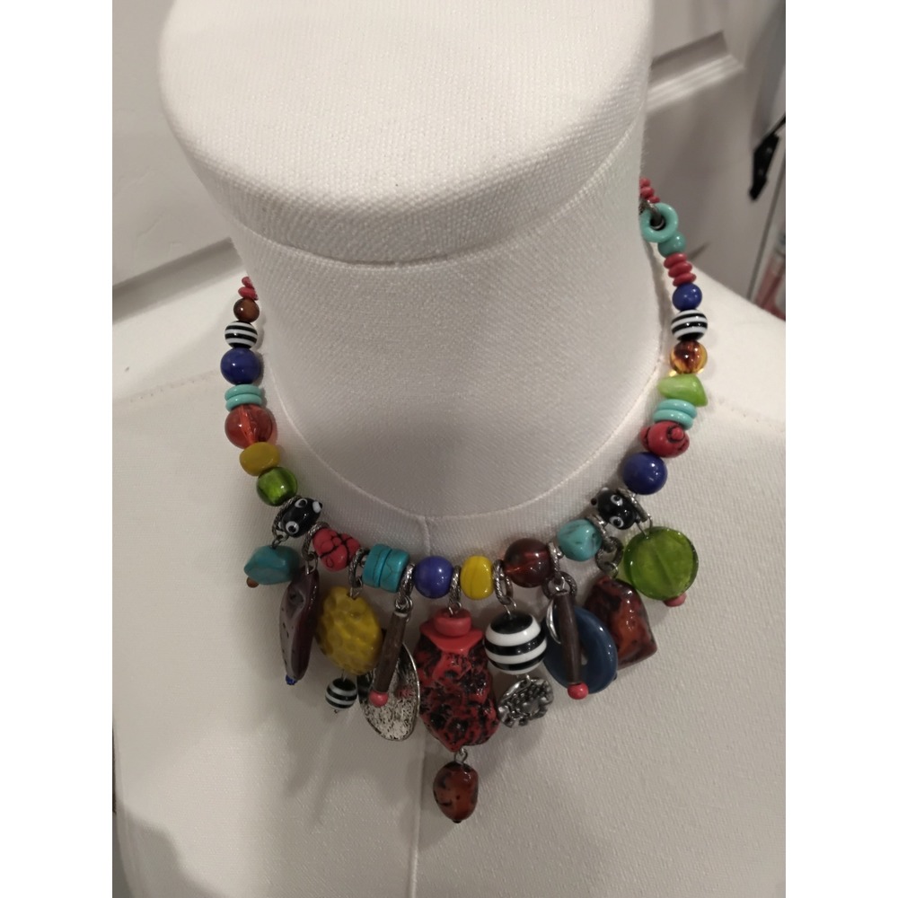 Multicolor‎ Beaded Statement Charm Necklace Eclectic Mixed Media Boho Jewelry